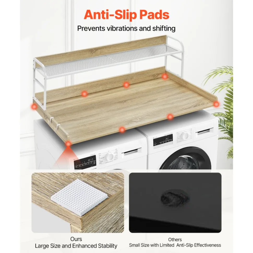 VEVOR Washer Dryer Countertop with 2-Tier Shelf, 54" x 27" Wooden Washer and Dryer Countertop with Anti-Slip Pads, Water-Resistant Laundry Topper Cover for Laundry Room Organization and Storage, Oak
