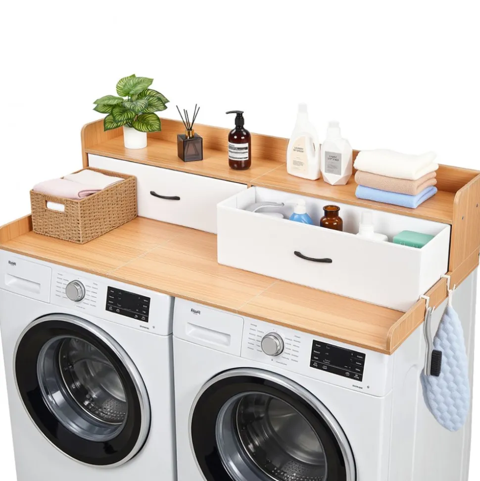 VEVOR Washer Dryer Countertop with Shelf, 54 x 27.5 in Wooden Washer and Dryer Topper with 2 Drawers & 2 Hooks, Laundry Machine Topper for Laundry Closet Pantry Counter Organization and Storage, Brown