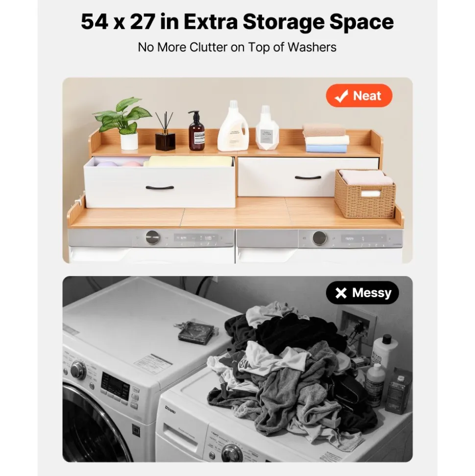 VEVOR Washer Dryer Countertop with Shelf, 54 x 27.5 in Wooden Washer and Dryer Topper with 2 Drawers & 2 Hooks, Laundry Machine Topper for Laundry Closet Pantry Counter Organization and Storage, Brown