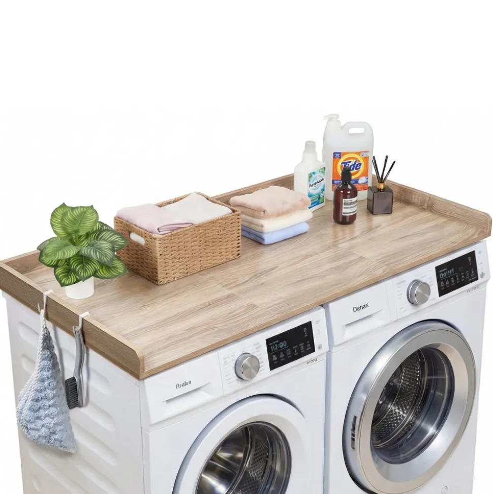VEVOR Washer Dryer Countertop with Shelf, 54 x 27.5 in Wooden Washer and Dryer Topper with Edge and 2 Hooks, Laundry Machine Topper for Laundry Closet Pantry Counter Organization and Storage, Black