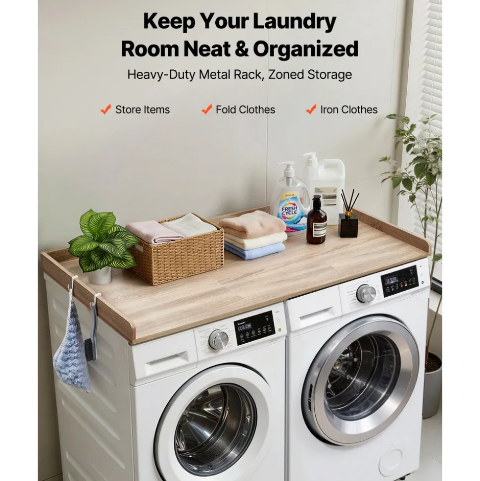 VEVOR Washer Dryer Countertop with Shelf, 54 x 27.5 in Wooden Washer and Dryer Topper with Edge and 2 Hooks, Laundry Machine Topper for Laundry Closet Pantry Counter Organization and Storage, Black