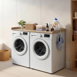 VEVOR Washer Dryer Countertop with Shelf, 54 x 27.5 in Wooden Washer and Dryer Topper with Edge and 2 Hooks, Laundry Machine Topper for Laundry Closet Pantry Counter Organization and Storage, Black