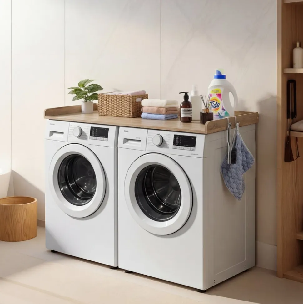 VEVOR Washer Dryer Countertop with Shelf, 54 x 27.5 in Wooden Washer and Dryer Topper with Edge and 2 Hooks, Laundry Machine Topper for Laundry Closet Pantry Counter Organization and Storage, Black