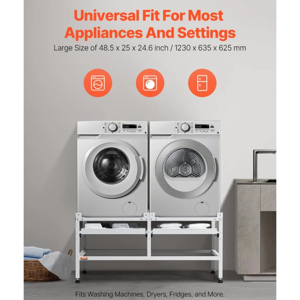 VEVOR Washing Machine Stand, 48.5x25-Inch Washer Laundry Pedestal, 590LBS Load Capacity Washer And Dryer Pedestal Base with Double Trays, 4 Adjustable Feet for Lifting Washing Machines, Carbon Steel