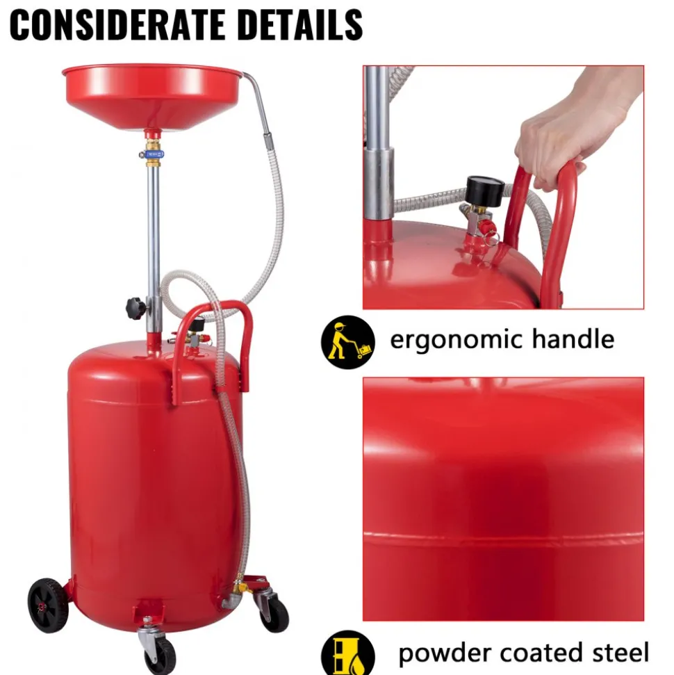 VEVOR Waste Oil Drain Tank 20 Gallon Portable Oil Drain Air Operated Drainer Oil Change, Oil Drain Container, Fluid Fuel Transfer Drainage Adjustable Funnel Height, with Wheel for Easy Oil Removal