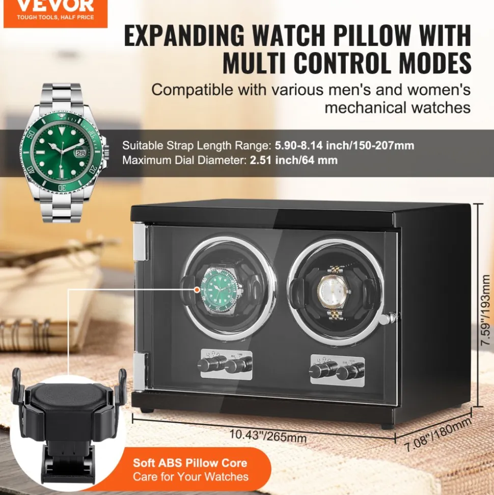 VEVOR Watch Winder, Dual Watch Winder for Men's and Women's Automatic Watch, with 2 Super Quiet Japanese Mabuchi Motors, Blue LED Light and Adapter, High-Density Board Shell and Black PU