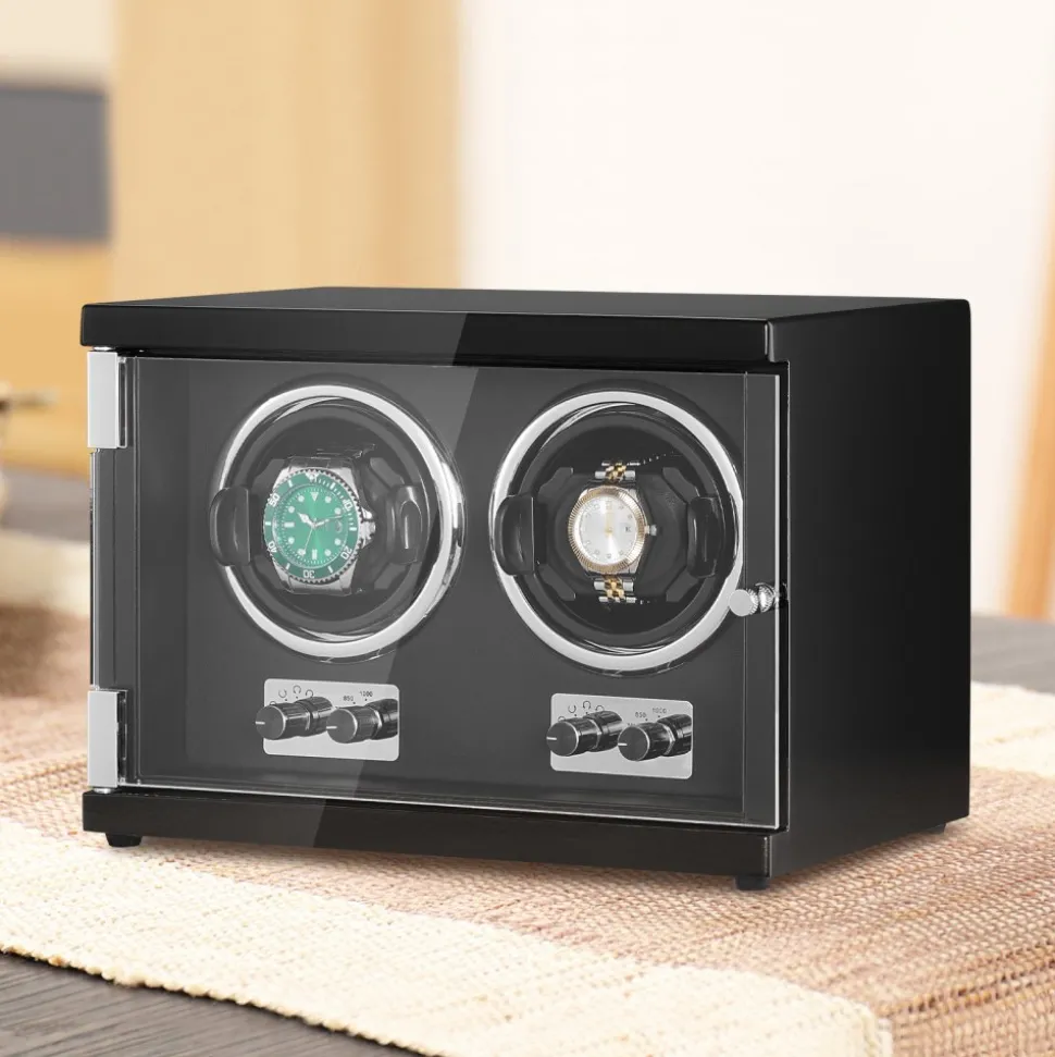 VEVOR Watch Winder, Dual Watch Winder for Men's and Women's Automatic Watch, with 2 Super Quiet Japanese Mabuchi Motors, Blue LED Light and Adapter, High-Density Board Shell and Black PU