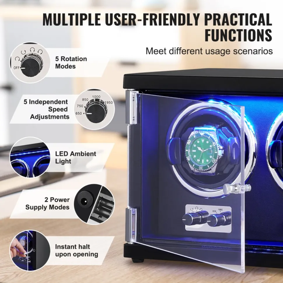 VEVOR Watch Winder, Dual Watch Winder for Men's and Women's Automatic Watch, with 2 Super Quiet Japanese Mabuchi Motors, Blue LED Light and Adapter, High-Density Board Shell and Black PU