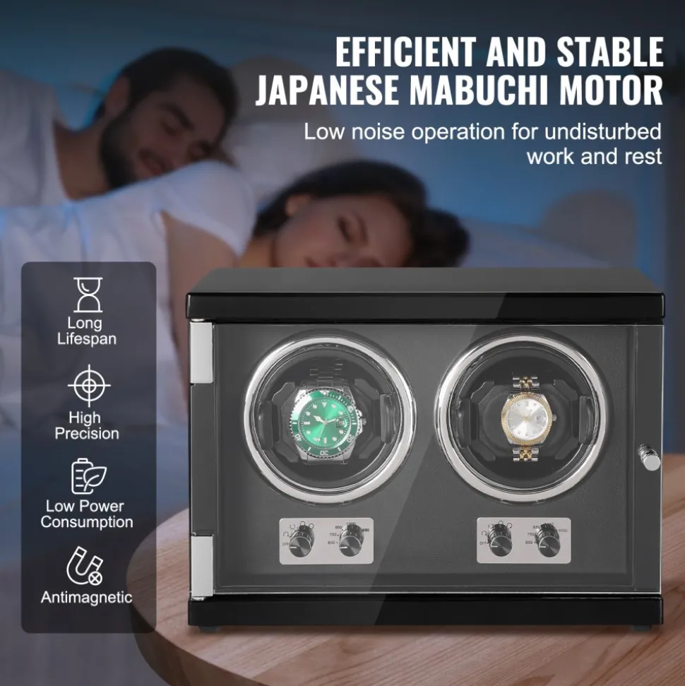 VEVOR Watch Winder, Dual Watch Winder for Men's and Women's Automatic Watch, with 2 Super Quiet Japanese Mabuchi Motors, Blue LED Light and Adapter, High-Density Board Shell and Black PU