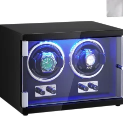 VEVOR Watch Winder, Dual Watch Winder for Men's and Women's Automatic Watch, with 2 Super Quiet Japanese Mabuchi Motors, Blue LED Light and Adapter, High-Density Board Shell and Black PU