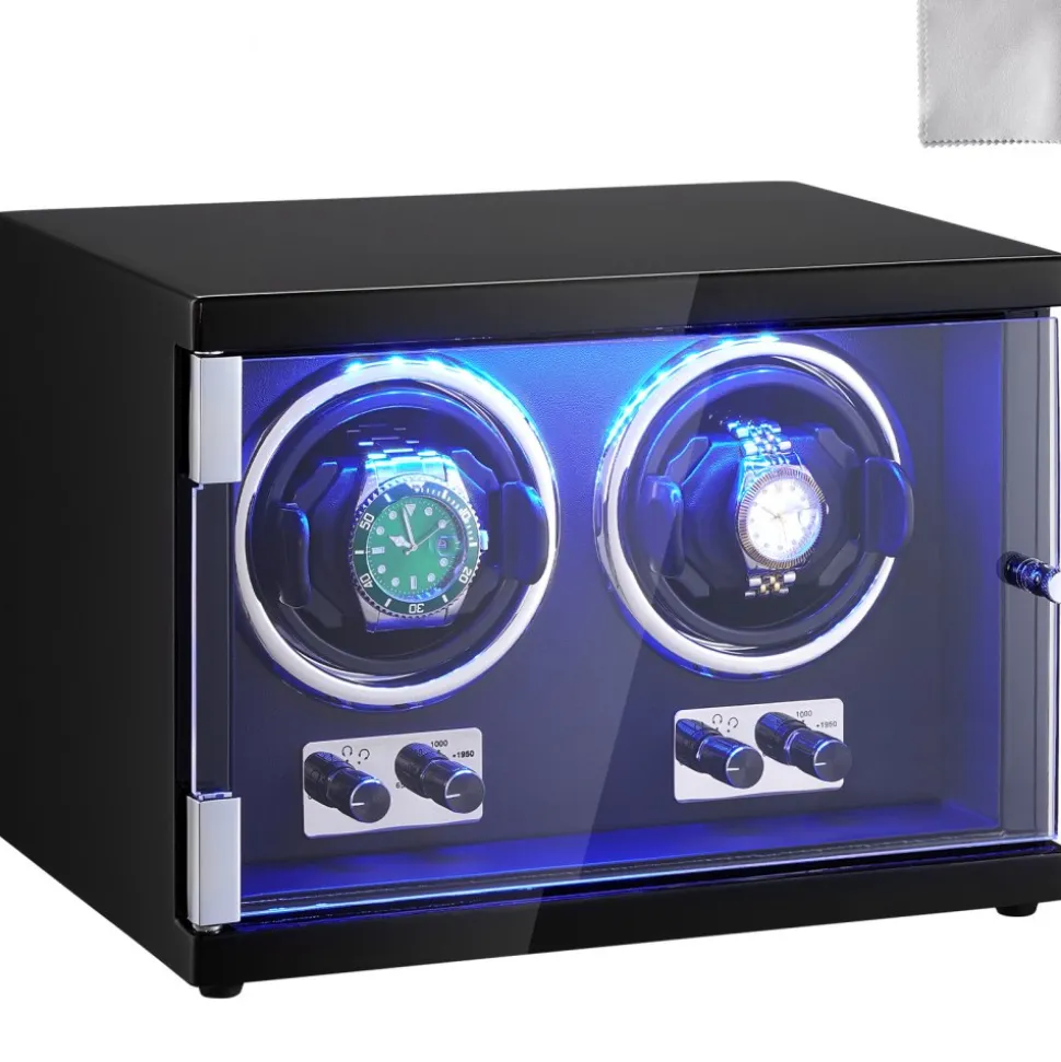 VEVOR Watch Winder, Dual Watch Winder for Men's and Women's Automatic Watch, with 2 Super Quiet Japanese Mabuchi Motors, Blue LED Light and Adapter, High-Density Board Shell and Black PU