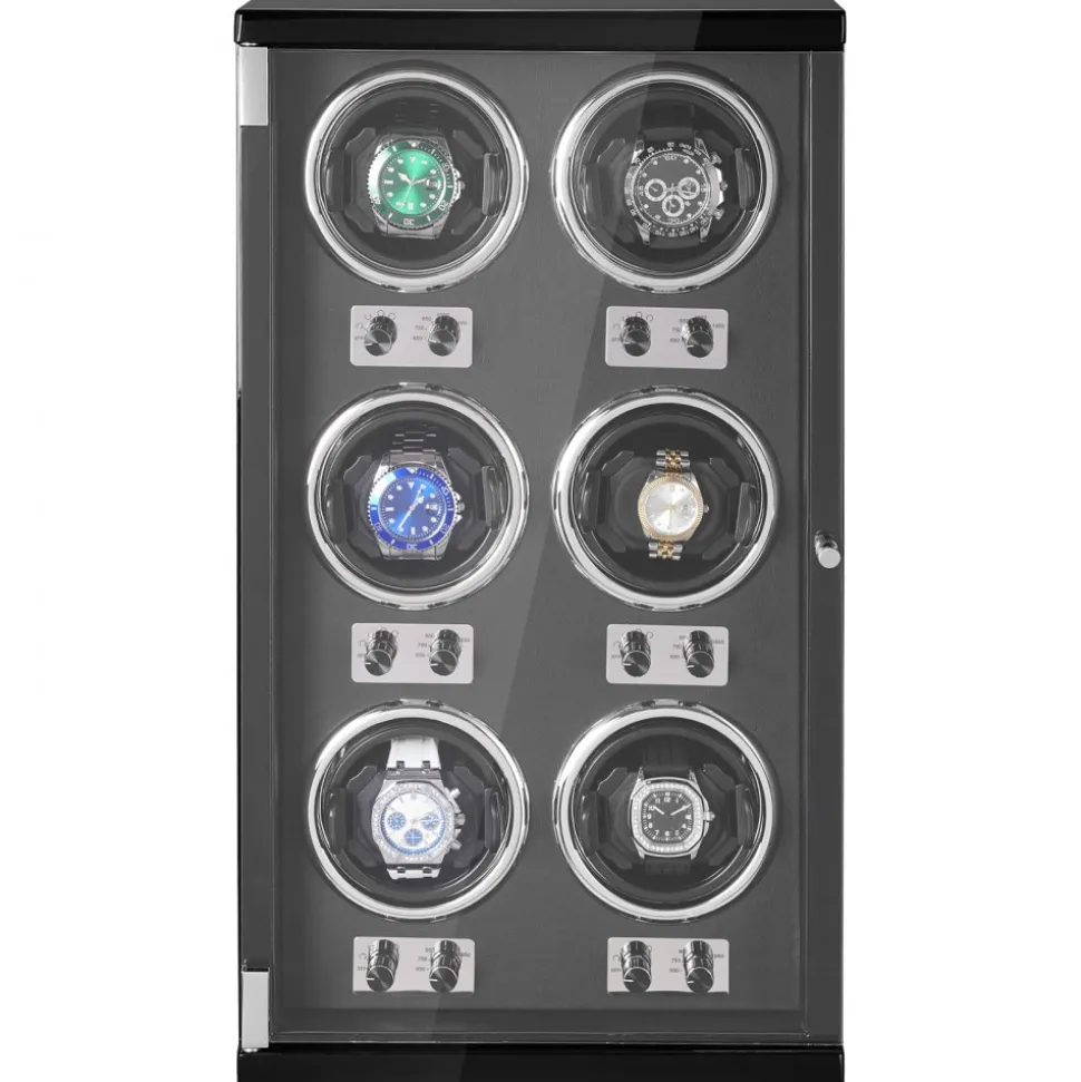 VEVOR Watch Winder, Watch Winder for 6 Men's and Women's Automatic Watches, with 6 Super Quiet Japanese Mabuchi Motors, Blue LED Light and Adapter, High-Density Board Shell and Black PU