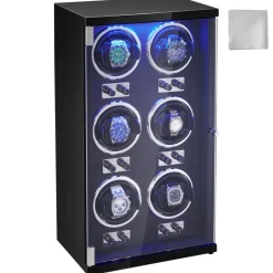 VEVOR Watch Winder, Watch Winder for 6 Men's and Women's Automatic Watches, with 6 Super Quiet Japanese Mabuchi Motors, Blue LED Light and Adapter, High-Density Board Shell and Black PU