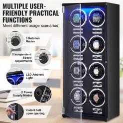 VEVOR Watch Winder, Watch Winder for 8 Men's and Women's Automatic Watches, with 8 Super Quiet Japanese Mabuchi Motors, Blue LED Light and Adapter, High-Density Board Shell and Black PU