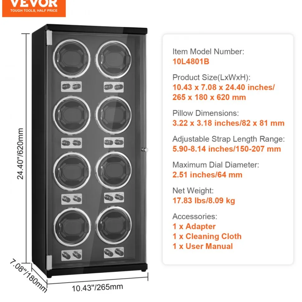 VEVOR Watch Winder, Watch Winder for 8 Men's and Women's Automatic Watches, with 8 Super Quiet Japanese Mabuchi Motors, Blue LED Light and Adapter, High-Density Board Shell and Black PU