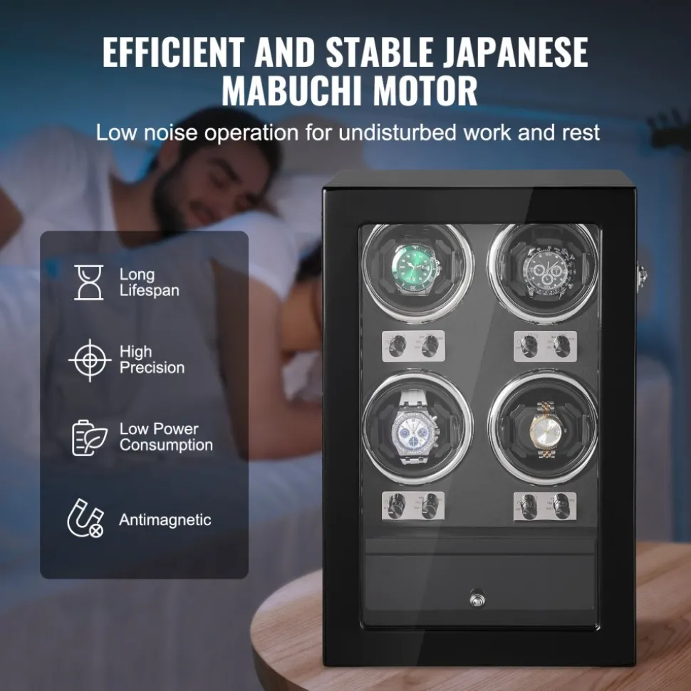 VEVOR Watch Winder, Watch Winder for 4 Men's and Women's Automatic Watches, with 4 Super Quiet Japanese Mabuchi Motors, Blue LED Light and Adapter, High-Density Board Shell and Black PU