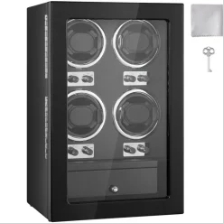 VEVOR Watch Winder, Watch Winder for 4 Men's and Women's Automatic Watches, with 4 Super Quiet Japanese Mabuchi Motors, Blue LED Light and Adapter, High-Density Board Shell and Black PU