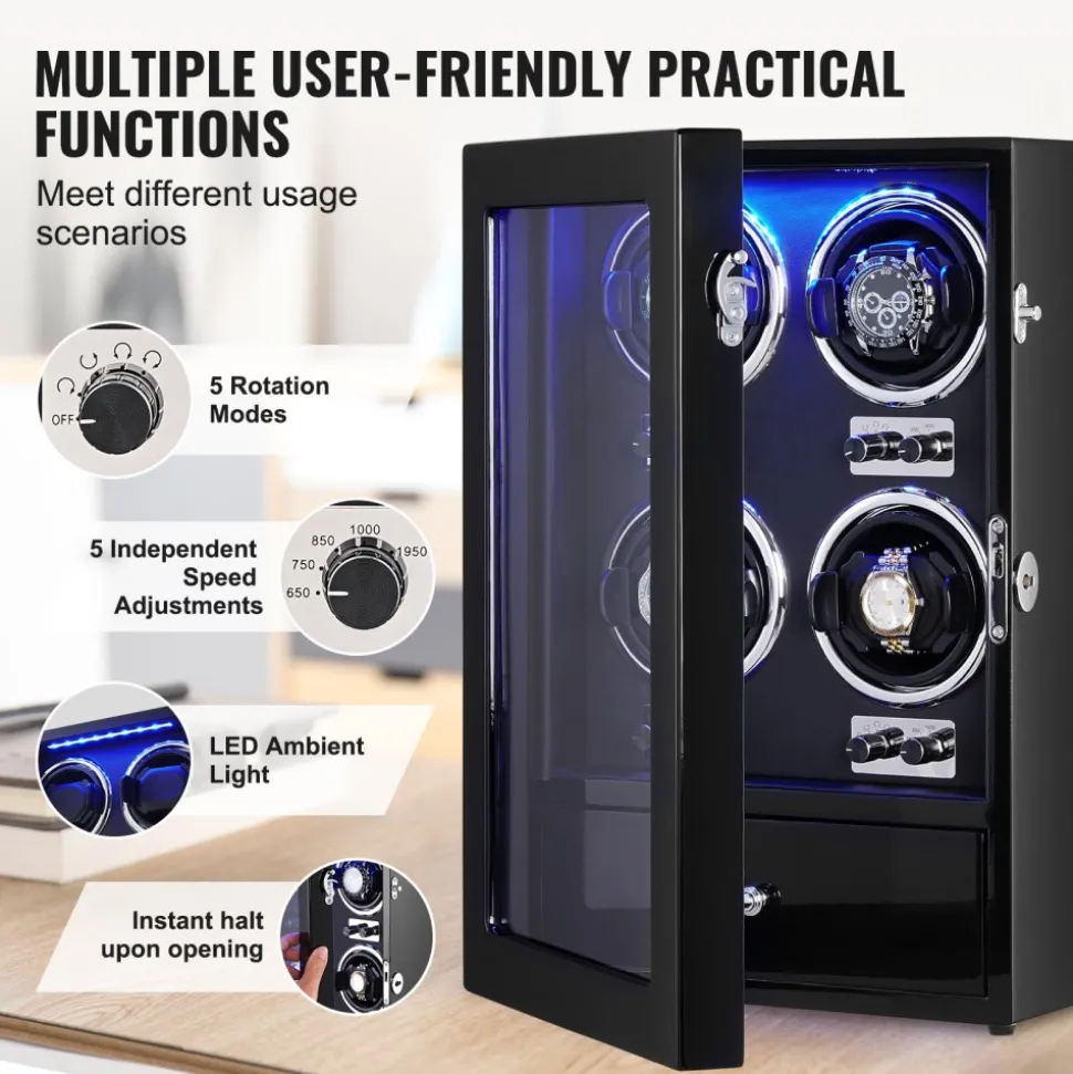 VEVOR Watch Winder, Watch Winder for 4 Men's and Women's Automatic Watches, with 4 Super Quiet Japanese Mabuchi Motors, Blue LED Light and Adapter, High-Density Board Shell and Black PU