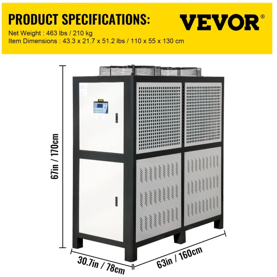 VEVOR Water Chiller 15Ton, Capacity Industrial Chiller 15Hp, Air-Cooled Water Chiller, Finned Condenser, with Micro-Computer Control, Stainless Steel Water Tank Chiller Machine for Cooling Water