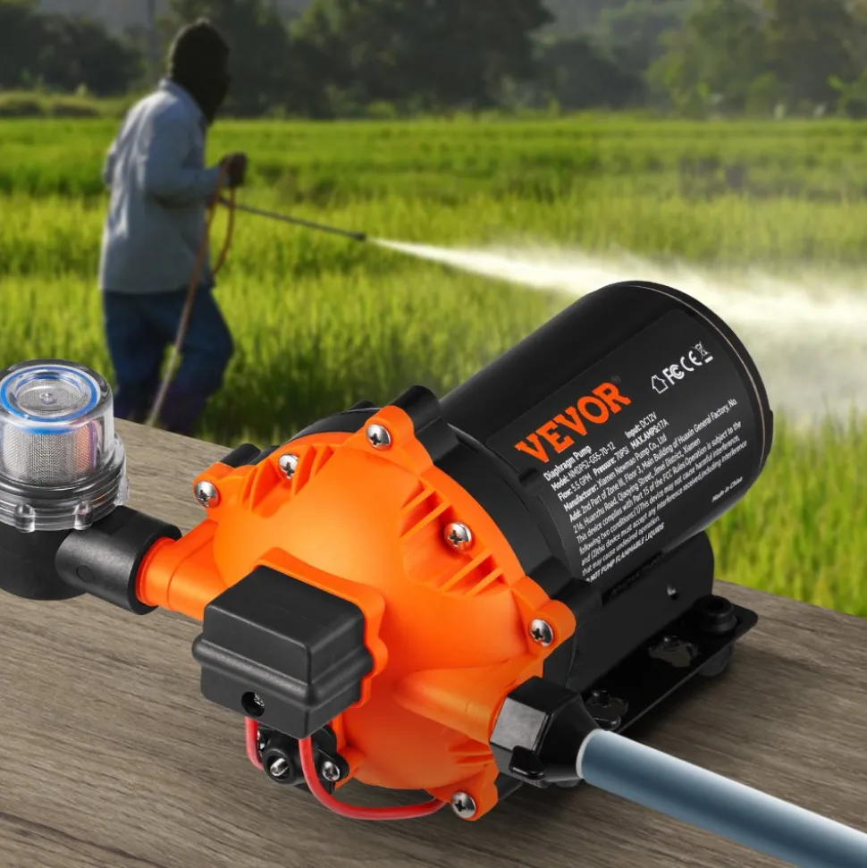 VEVOR Water Diaphragm Pump, 12V DC, 5.5 GPM Flow, 70 PSI Rated Pressure (40-100 PSI Adjustable), 1/2" MNPT Self Priming Sprayer Pump with Pressure Switch for RV Camper Marine Boat Lawn, FCC Certified