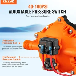 VEVOR Water Diaphragm Pump, 12V DC, 5.5 GPM Flow, 70 PSI Rated Pressure (40-100 PSI Adjustable), 1/2