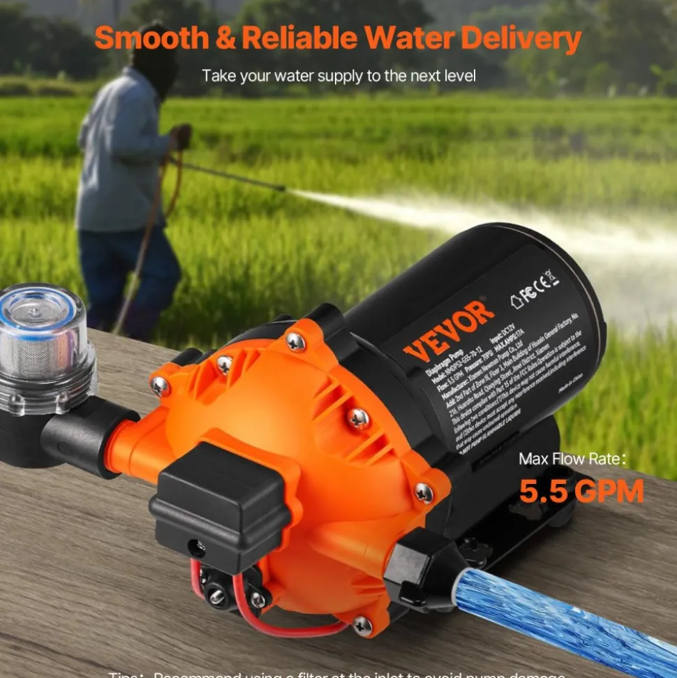VEVOR Water Diaphragm Pump, 12V DC, 5.5 GPM Flow, 70 PSI Rated Pressure (40-100 PSI Adjustable), 1/2" MNPT Self Priming Sprayer Pump with Pressure Switch for RV Camper Marine Boat Lawn, FCC Certified