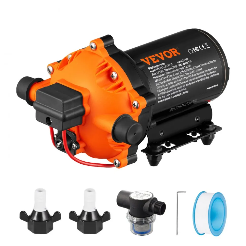VEVOR Water Diaphragm Pump, 12V DC, 5.5 GPM Flow, 70 PSI Rated Pressure (40-100 PSI Adjustable), 1/2" MNPT Self Priming Sprayer Pump with Pressure Switch for RV Camper Marine Boat Lawn, FCC Certified