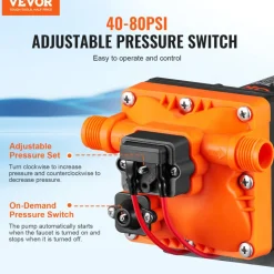 VEVOR Water Diaphragm Pump, 12V DC, 3.5 GPM Flow, 55 PSI Rated Pressure (40-80 PSI Adjustable), 1/2