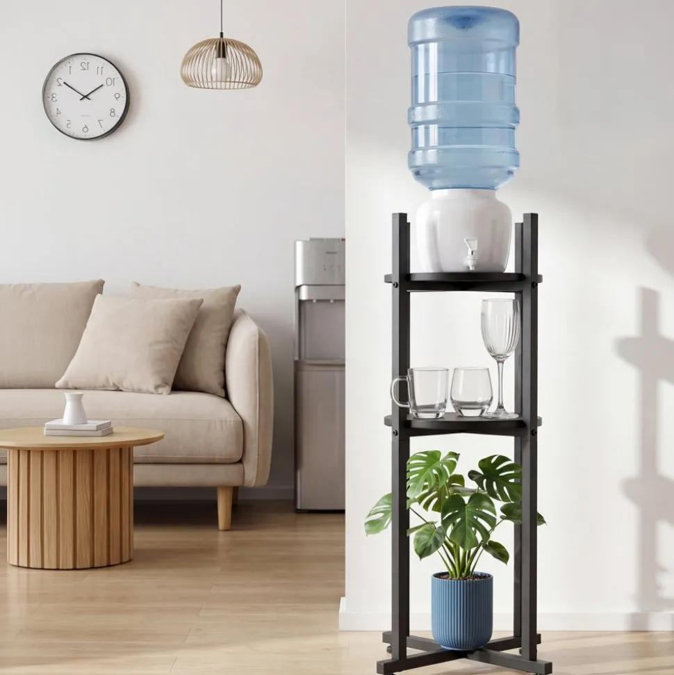 VEVOR Water Dispenser Stand, 2 Tiers Water Jug Holder for 1 Bottle, Heavy Duty Jug Rack Organizer with Detachable Storage Shelf, Cross-Shaped Stable Base, for Kitchen, Office, Living Room, Black