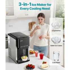 VEVOR Water Dispenser with Ice Maker, 3-in-1 Countertop Water Dispenser, 35 LBS/24H, 12 Cubes/7 Min Fast Ice Making with 4 LBS Storage, Bullet/Crushed Ices & Cold-Water, for Home, Kitchen, Party