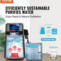 VEVOR Water Distiller, 4L 1.1 Gallon Pure Water Purifier Filter For Home Table Countertop, 750W Distilled Maker with Glass Pot, Stainless Steel Interior Drinking Machine to Make Clean Waters, Grey