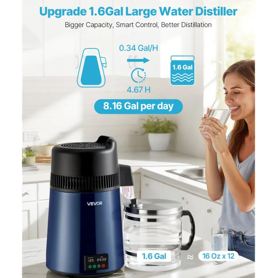 VEVOR Water Distiller, 6L 1.6 Gallon Larger Pure Water Purifier Filter For Home Table Countertop, 900W Plastic Distilled Maker, Stainless Steel Interior Drinking Machine to Make Clean Waters, White