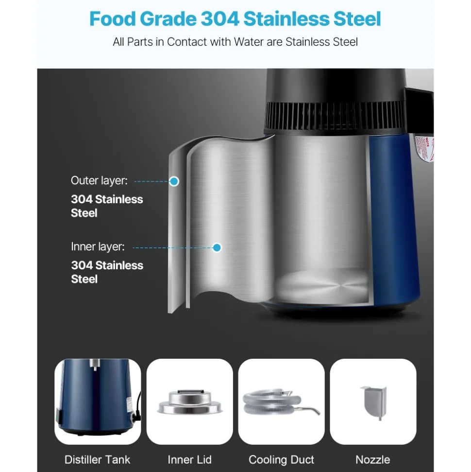 VEVOR Water Distiller, 6L 1.6 Gallon Larger Pure Water Purifier Filter For Home Table Countertop, 900W Plastic Distilled Maker, Stainless Steel Interior Drinking Machine to Make Clean Waters, White