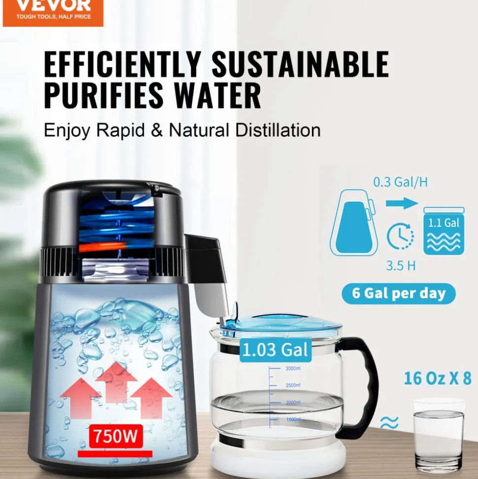 VEVOR Water Distiller, 4L 1.05 Gallon Pure Water Purifier Filter For Home Countertop, 750W Distilled Water Maker, Stainless Steel Interior Distiller Water Making Machine to Make Clean Water, Gray