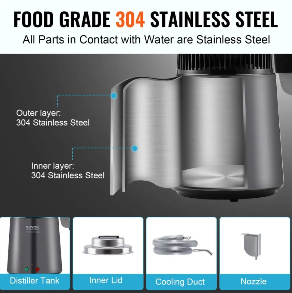 VEVOR Water Distiller, 4L 1.05 Gallon Pure Water Purifier Filter For Home Countertop, 750W Distilled Water Maker, Stainless Steel Interior Distiller Water Making Machine to Make Clean Water, Gray