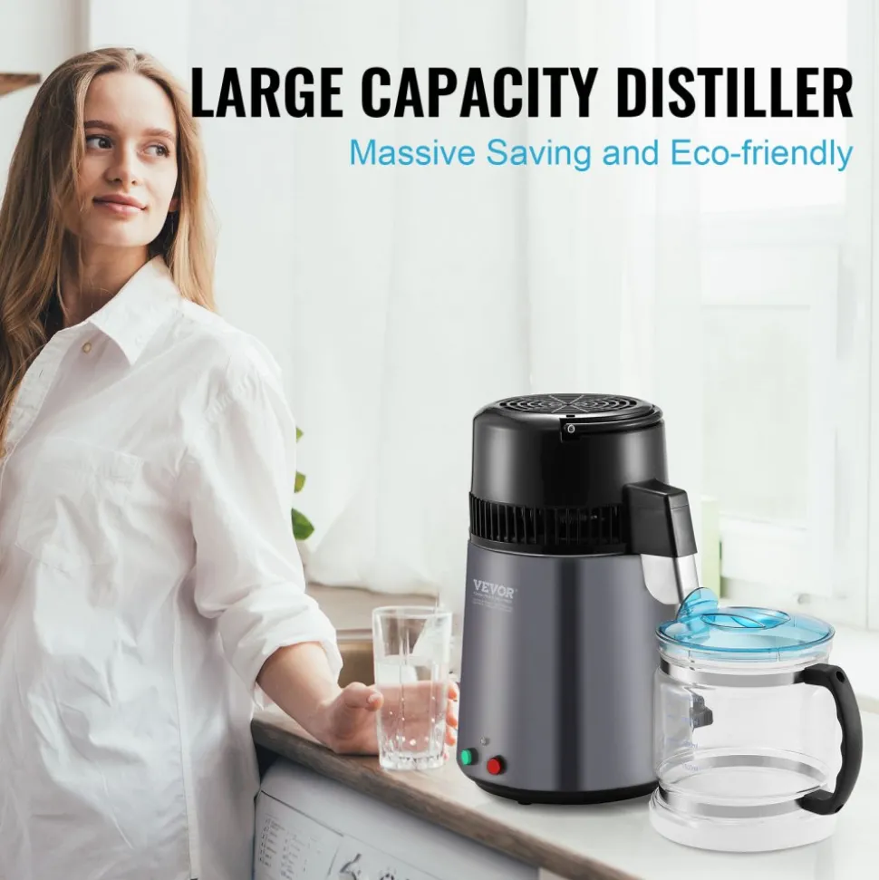 VEVOR Water Distiller, 4L 1.05 Gallon Pure Water Purifier Filter For Home Countertop, 750W Distilled Water Maker, Stainless Steel Interior Distiller Water Making Machine to Make Clean Water, Gray