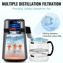 VEVOR Water Distiller, 4L 1.05 Gallon Pure Water Purifier Filter For Home Countertop, 750W Distilled Water Maker, Stainless Steel Interior Distiller Water Making Machine to Make Clean Water, Gray