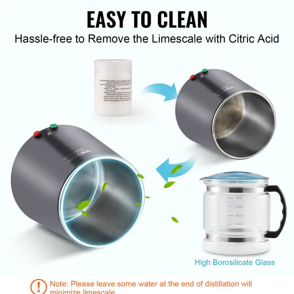 VEVOR Water Distiller, 4L 1.05 Gallon Pure Water Purifier Filter For Home Countertop, 750W Distilled Water Maker, Stainless Steel Interior Distiller Water Making Machine to Make Clean Water, Gray