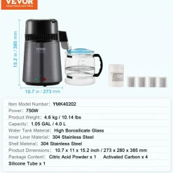 VEVOR Water Distiller, 4L 1.05 Gallon Pure Water Purifier Filter For Home Countertop, 750W Distilled Water Maker, Stainless Steel Interior Distiller Water Making Machine to Make Clean Water, Gray
