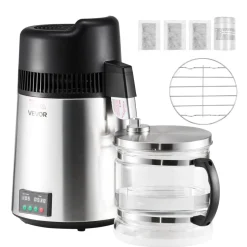 VEVOR Water Distiller, 6L 1.6 Gallon Larger Pure Water Purifier Filter For Home Table Countertop, 900W Glass Pot Distilled Maker, Stainless Steel Interior Drinking Machine to Make Clean Waters, Silver