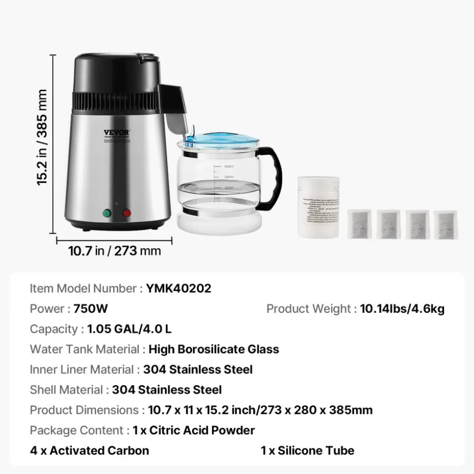 VEVOR Water Distiller, 4L 1.05 Gallon Pure Water Purifier Filter For Home Countertop, 750W Distilled Water Maker, Stainless Steel Interior Distiller Water Making Machine to Make Clean Water, Silvery