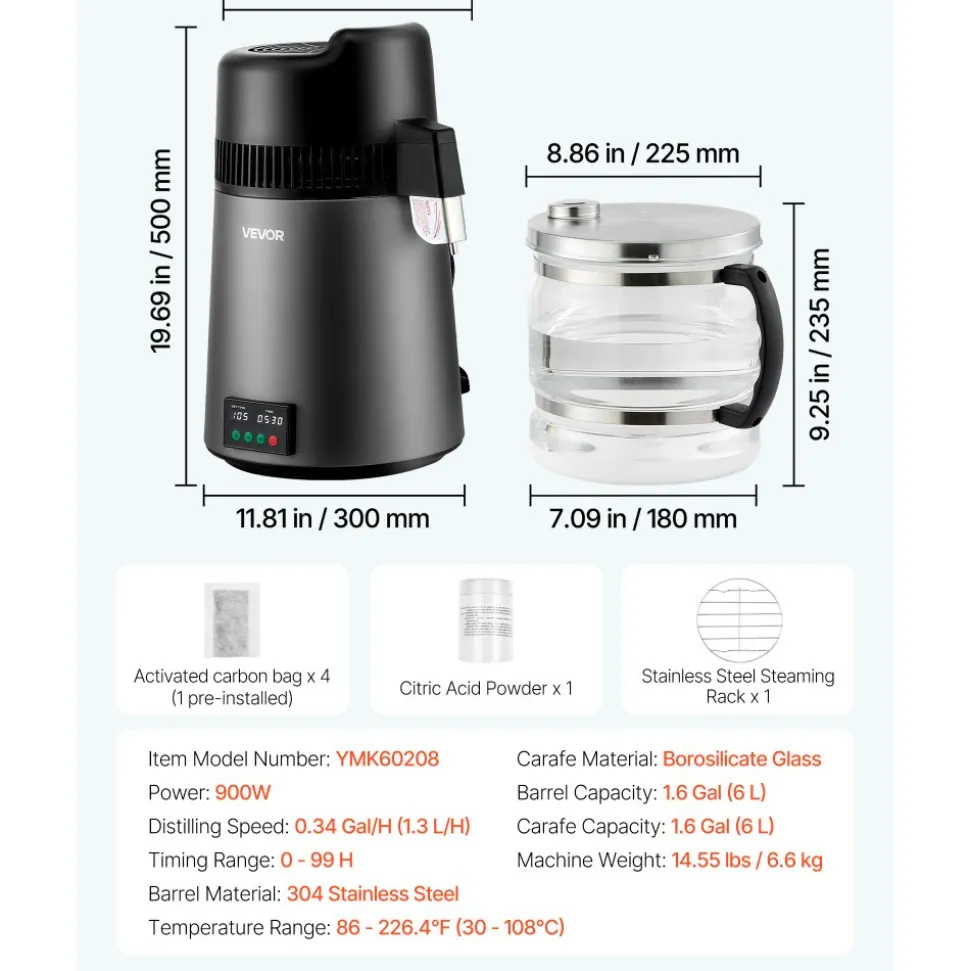 VEVOR Water Distiller, 6L 1.6 Gallon Larger Pure Water Purifier Filter For Home Table Countertop, 900W Glass Pot Distilled Maker, Stainless Steel Interior Drinking Machine to Make Clean Waters
