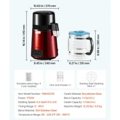 VEVOR Water Distiller, 4L 1.1 Gallon Pure Water Purifier Filter For Home Table Countertop, 1750W Distilled Maker with Glass Pot, Stainless Steel Interior Drinking Machine to Make Clean Waters, Red