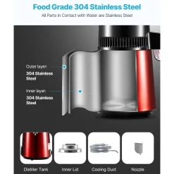 VEVOR Water Distiller, 4L 1.1 Gallon Pure Water Purifier Filter For Home Table Countertop, 1750W Distilled Maker with Glass Pot, Stainless Steel Interior Drinking Machine to Make Clean Waters, Red