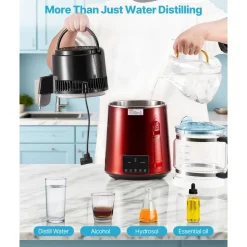 VEVOR Water Distiller, 4L 1.1 Gallon Pure Water Purifier Filter For Home Table Countertop, 1750W Distilled Maker with Glass Pot, Stainless Steel Interior Drinking Machine to Make Clean Waters, Red