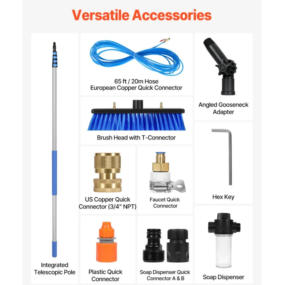 VEVOR Water Fed Pole Kit, 30FT Solar Panel Cleaning Pole with Extendable Handle, 180° Rotatable Brush Head & 65.6FT Hose, Household & Outdoor Window Cleaner Tool for Caravan Solar Panel Deck
