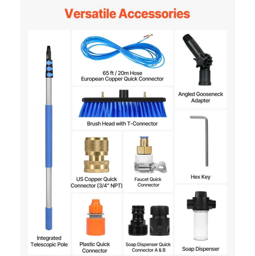 VEVOR Water Fed Pole Kit, 36FT Solar Panel Cleaning Pole with Extendable Handle, 180° Rotatable Brush Head & 65.6FT Hose, Household & Outdoor Window Cleaner Tool for Caravan Solar Panel Deck