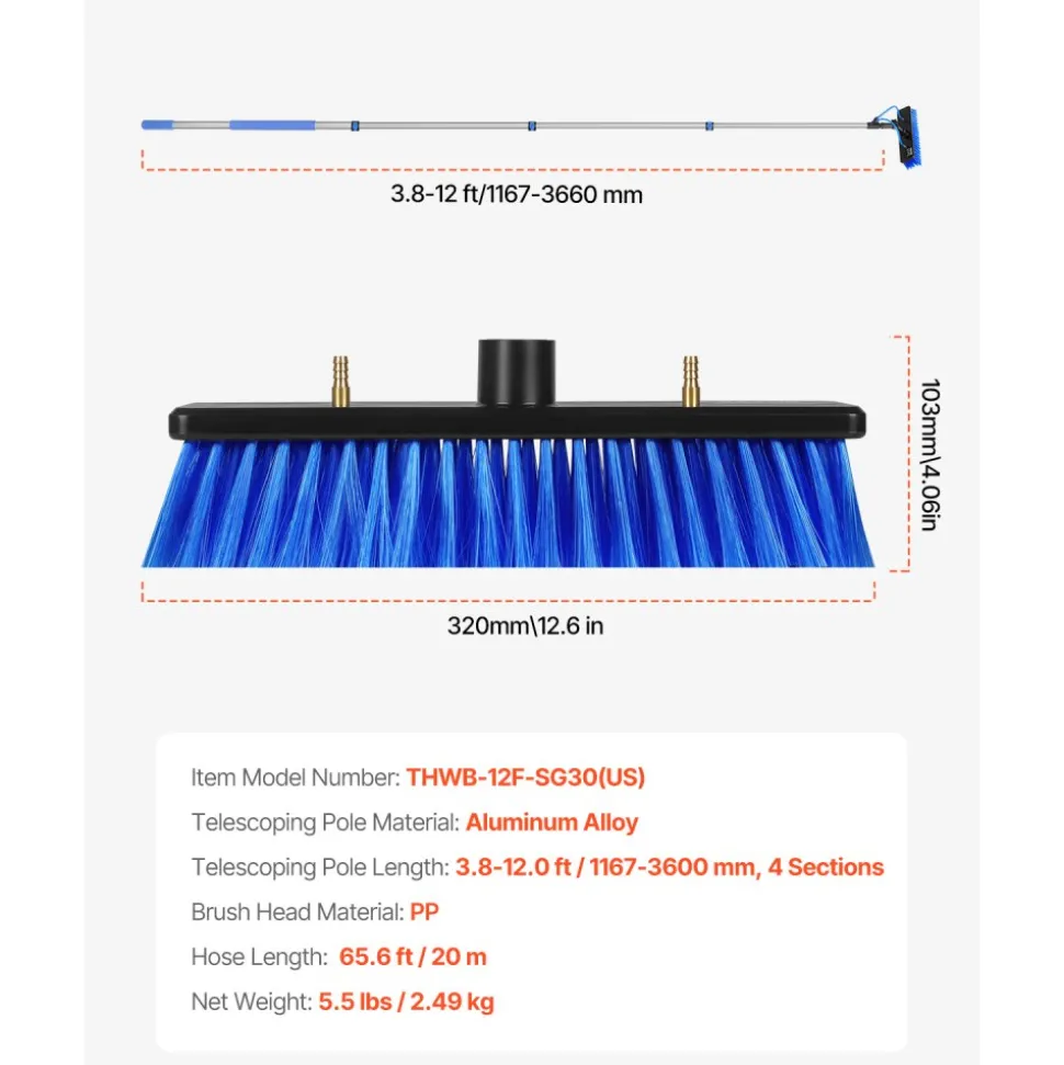 VEVOR Water Fed Pole Kit, 36FT Solar Panel Cleaning Pole with Extendable Handle, 180° Rotatable Brush Head & 65.6FT Hose, Household & Outdoor Window Cleaner Tool for Caravan Solar Panel Deck