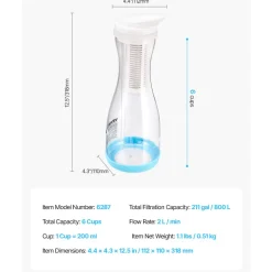 VEVOR Water Filter Pitcher, 6 Cup Glass Water Filter Dispenser, Fast & Compact Fridge-friendly Water Filtration System, No BPA, Lasts 3 Months or 211 Gallons, Reduces Chlorine, Rust, Odors, PFOA/PFOS