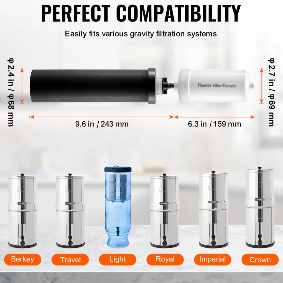 VEVOR Water Filters Replacement, Purification Elements, Replacement Filters, Gravity Water Filter System, Compatible with Most Brands, Pack of 4 (2 Activated Carbon Filter + 2 Defluorination Filter)